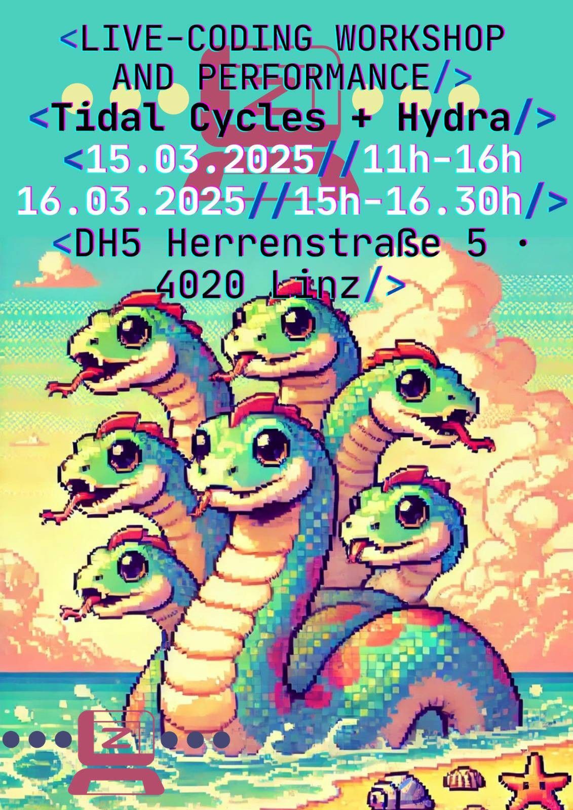 Poster for the event. In the background, there is an AI generated image of a pixel-art naughty cute hydra in a beach. Now we have a no-AI policy.