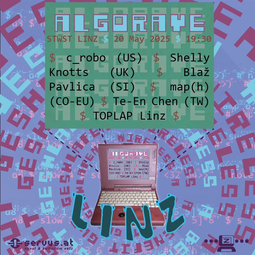 Poster for the event. Features a central pink laptop with the letters L-I-N-Z gathered around it. Made by Sule Suarez and Gorka Egino.