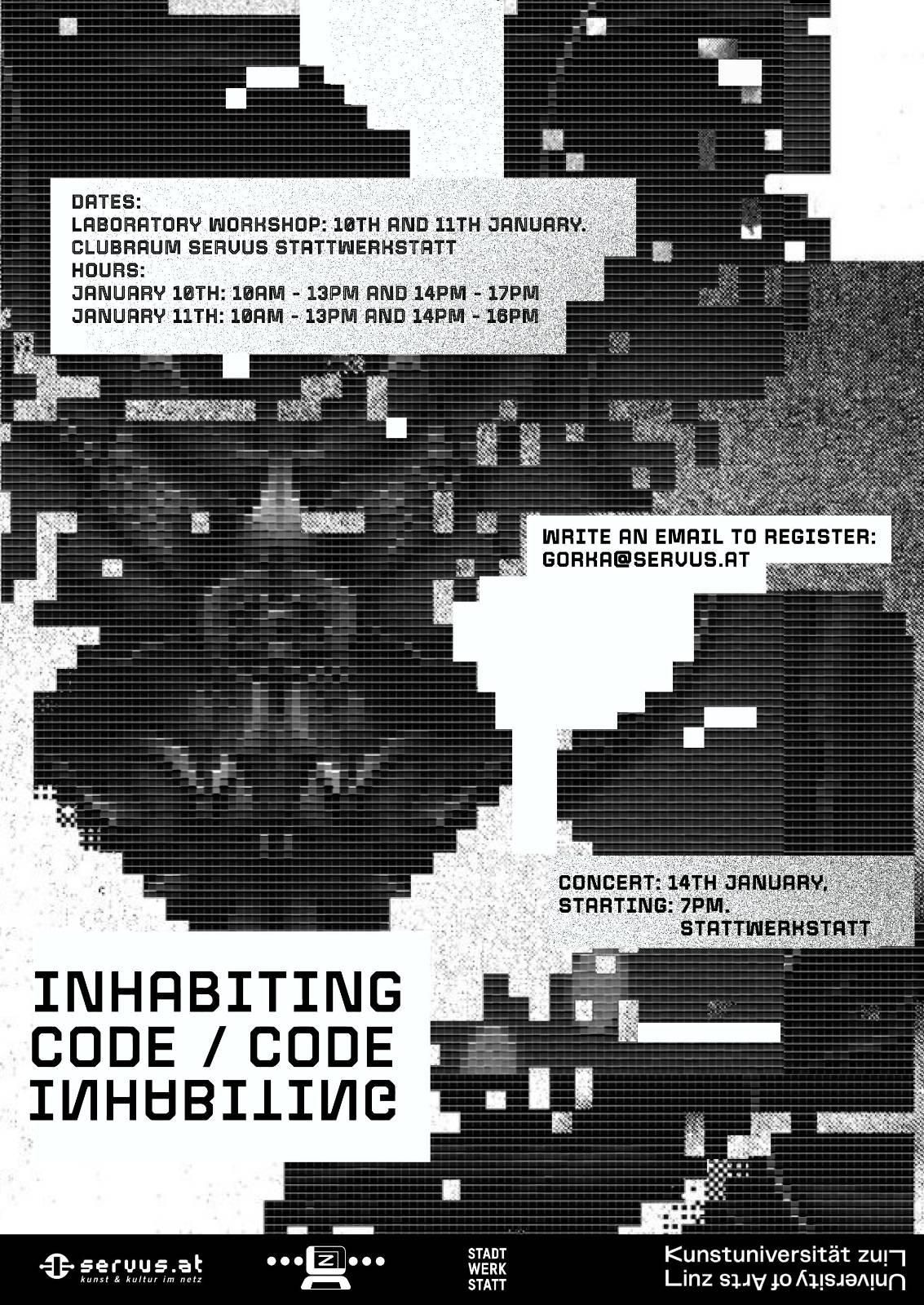 Poster for the event Inhabiting Code workshops. Made by Nico Yutong.