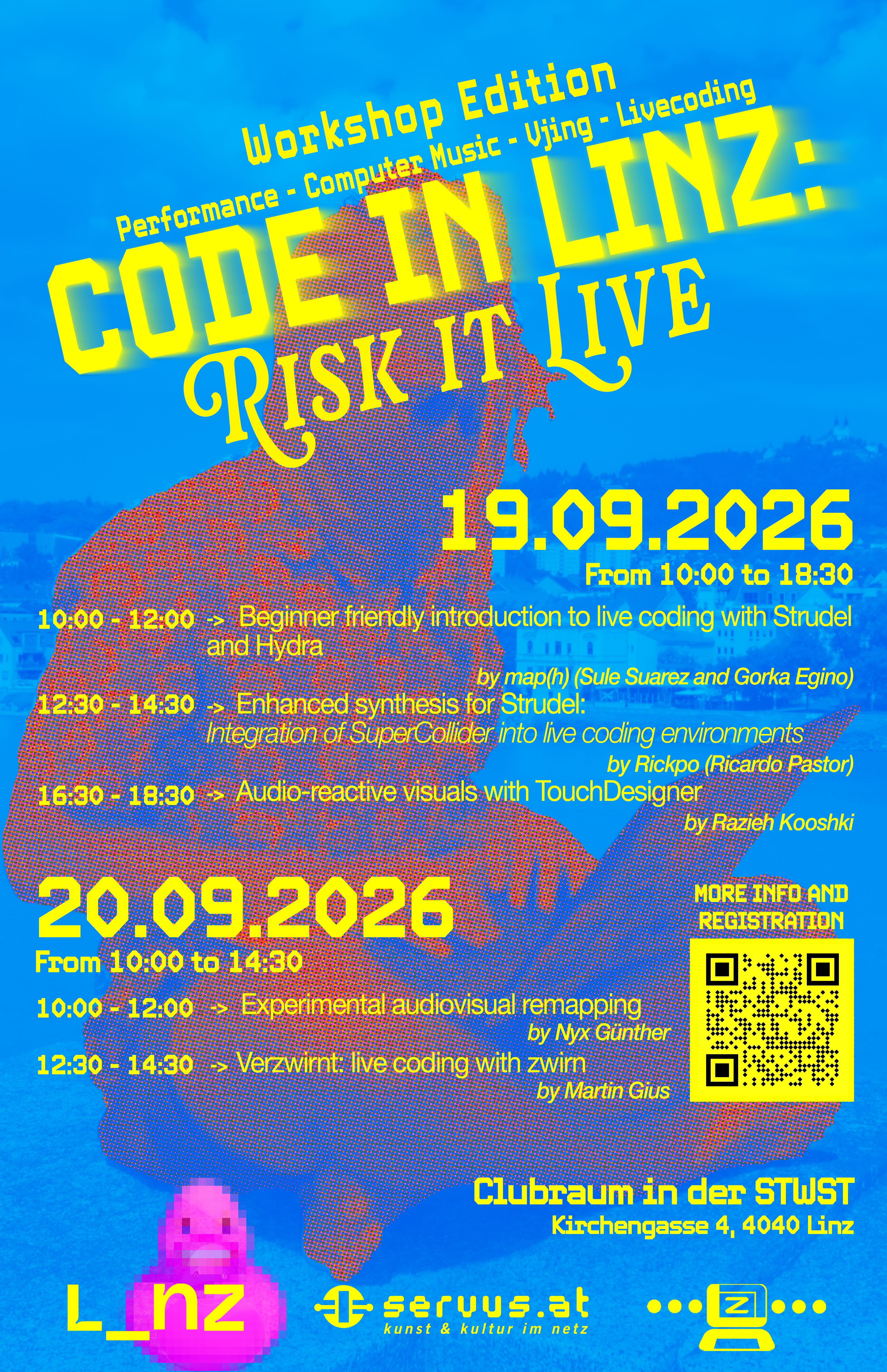 poster for the workshop edition. Made by Valentina Rodriguez. you can find the details in https://maph.codeberg.page/code-in-linz/