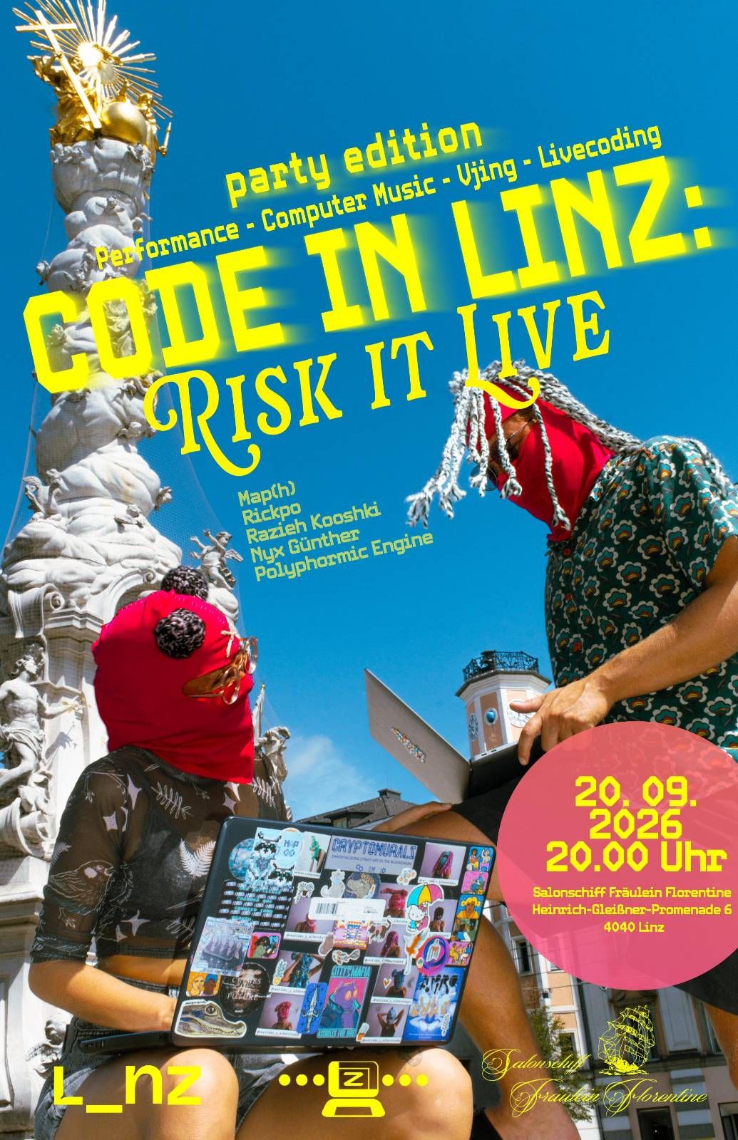 poster for the party edition. Made by Valentina Rodriguez. you can find the details in https://maph.codeberg.page/code-in-linz/